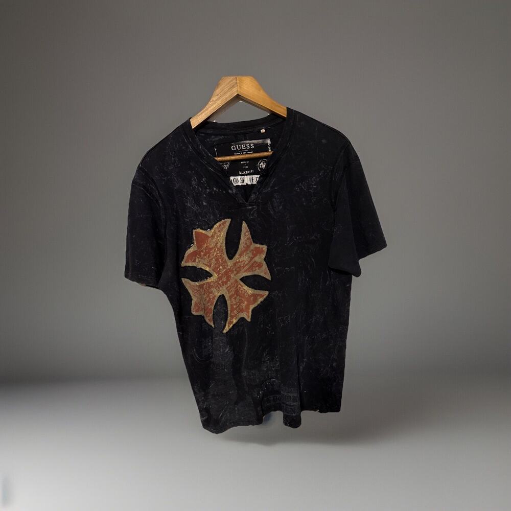 Guess Shirt Size L‎ Black Embroidered Logo Grunge Skull Graphic Casual Designer